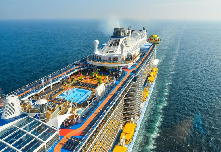 Arial shot of cruise ship on the ocean, close up.